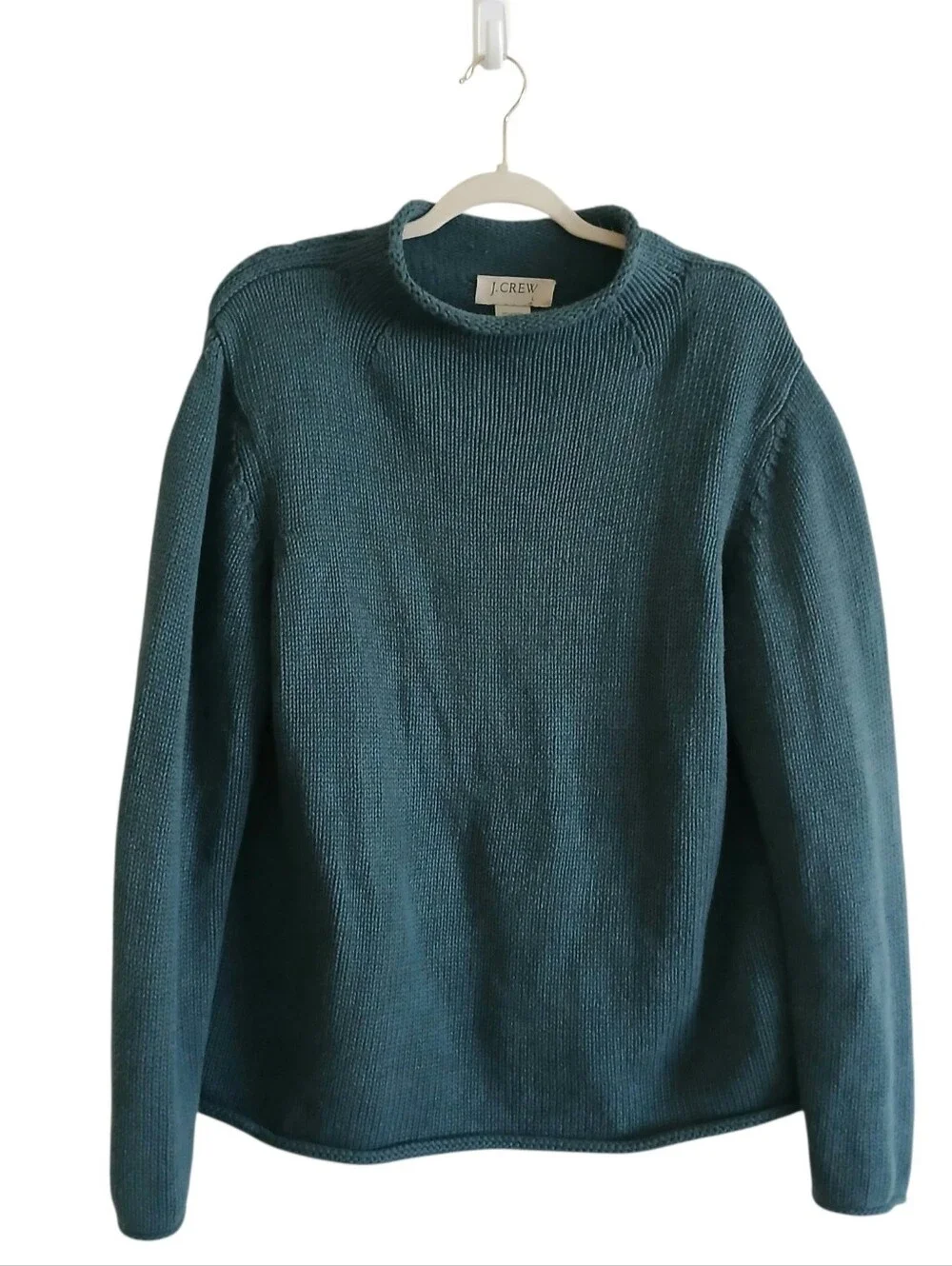 VINTAGE J CREW 1988 Rollneck 100% Cotton Sweater L Teal Thick Ribbed Preppy